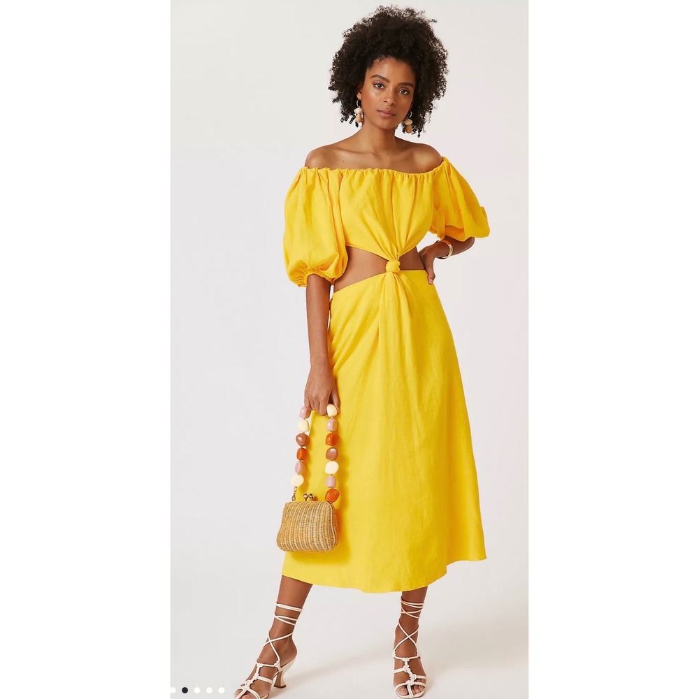 Farm Rio Yellow Linen Cutout Puff Sleeve Off Shoulder Midi Knot Dress NWT Med - Picture 3 of 7